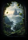 a painting of a waterfall in a forest.Window view from closed window . Royalty Free Stock Photo