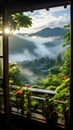 a window view of a lush green valley.View from closed window . Royalty Free Stock Photo