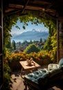 a room with a view of the mountains and flowers.Window view from home window .