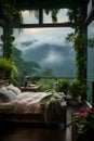 a bed sitting under a window next to a lush green forest.Window view from open window . Royalty Free Stock Photo