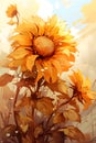 a painting of a sunflower in a field.Digital Painting Mahogany Sunflower, Perfect for Wall Art.