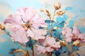 a painting of pink flowers on a blue background. Gouache Painting of a Turquoise color flower perfect for Wall Art.