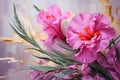 a painting of pink flowers with green leaves. Painting of a Magenta color flower perfect for Wall Art. Royalty Free Stock Photo