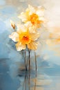 a painting of two yellow flowers in a vase.Painting Slate Narcissus, Perfect for Wall Art.