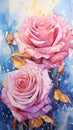 a painting of two pink roses on a blue background. Watercolor Painting of a Rose color flower perfect for Wall Art. Royalty Free Stock Photo