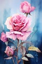 a painting of a pink rose on a blue background. Watercolor Painting of a Sapphire color flower perfect for Wall Art.