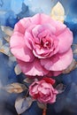 a painting of two pink roses on a blue background. Watercolor Painting of a Sapphire color flower perfect for Wall Art.