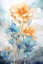 a painting of two orange and blue flowers. Watercolor Painting of a Sapphire color flower perfect for Wall Art.