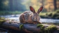 A brown hare rests on a mossy log, overlooking a tranquil stream. Royalty Free Stock Photo