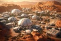 Generated AI concept of a future human spaceship landing on Mars planet for colonization