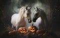 Generated by AI - the couple of two beautiful horses with halloween pumpkins Royalty Free Stock Photo