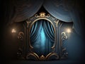 Generated AI elegant blue curtain and window background with ornate gold accents for compositing