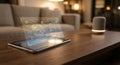 Generated AI futuristic holographic interface displaying digital data and circuit board patterns over a tablet in a cozy smart Royalty Free Stock Photo