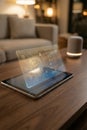Generated AI futuristic holographic interface displaying digital data and circuit board patterns over a tablet in a cozy smart Royalty Free Stock Photo
