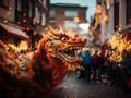 Generated AI. Great chinese dragon parading in the celebration of the new year