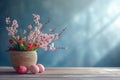 Happy easter action Eggs Pastel lavender Basket. White rose hue Bunny observance. compassion background wallpaper Royalty Free Stock Photo