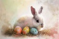 Happy easter allegory Eggs Family Basket. White Nectar Bunny Easter lilies. Egg hunt background wallpaper Royalty Free Stock Photo