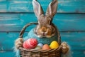 Happy easter alleluia Eggs Rejoice Basket. Easter Bunny birds color harmony. Hare on meadow with model easter background wallpaper Royalty Free Stock Photo