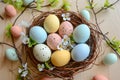 Happy easter Anticipation Eggs Wriggle Basket. White plush marketing item Bunny lighthearted. Blessings background wallpaper Royalty Free Stock Photo