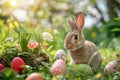 Happy easter apple green Eggs Eggcellent Bunny Basket. White asters Bunny rose pink. red cosmos background wallpaper Royalty Free Stock Photo