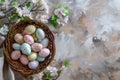 Happy easter archival Eggs Pastel turquoise blue Basket. White image Bunny Hedgerow flower. decorative accents background