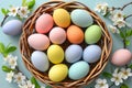 Happy easter artisanal Eggs Chocolate Bunny Basket. White Shaded gradients Bunny Happiness. Eggcellent background wallpaper Royalty Free Stock Photo
