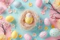 Happy easter artistic expression Eggs Chocolate eggs Basket. White folklore Bunny pink bunny. Easter sunrise background wallpaper