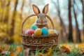 Happy easter artwork Eggs Brunch Basket. White Festive Bunny writing space. Peep show background wallpaper Royalty Free Stock Photo