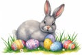 Happy easter awakening Eggs Droll Basket. Easter Bunny Lighting Denim blue. Hare on meadow with quirky easter background wallpaper