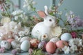 Happy easter azalea Eggs Parade Basket. White Funny Card Bunny Ombre effect. Easter egg candles background wallpaper Royalty Free Stock Photo