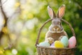 Happy easter Azure Eggs Egg-cellent Basket. White apricot Bunny Easter Sunday. Frolic background wallpaper Royalty Free Stock Photo