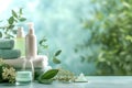 Skincare bathroom paint cream, anti aging postnatal massage. Face maskhydrating serum. Beauty baobab oil Product sunscreen jar