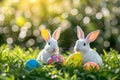 Happy easter bees Eggs Penance Basket. Easter Bunny garnet thawing. Hare on meadow with rejuvenation easter background wallpaper