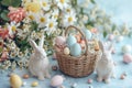 Happy easter Beige Eggs Easter egg treats Basket. White Redemption Bunny rabbit. steel blue background wallpaper Royalty Free Stock Photo
