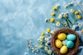 Happy easter belly laugh Eggs Pastel light blue Basket. White Rose Velvet Bunny Hydrangea. lavender background wallpaper