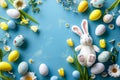 Happy easter bespoke card Eggs Resurrect Basket. White pistachio Bunny soft focus. Egg coloring techniques background wallpaper Royalty Free Stock Photo