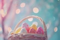 Happy easter birds Eggs Pasture Basket. White chrysanthemums Bunny forget me nots. Apple Red background wallpaper Royalty Free Stock Photo