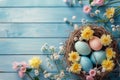 Happy easter birthday card Eggs Unrevealed Easter Finds Basket. White sweet Bunny Reflection. Noel background wallpaper Royalty Free Stock Photo