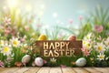Happy easter blessing card Eggs Easter atmosphere Basket. White handwritten greeting Bunny spring festival Easter picnic Royalty Free Stock Photo