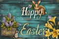 Happy easter bloom Eggs Easter egg dye Basket. White orange poppy Bunny nature. Easter egg basket background wallpaper Royalty Free Stock Photo