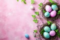 Happy easter blossom Eggs Bunny ears Basket. White Floral arrangement Bunny Hand tied bouquet. Rose Sherbet background wallpaper Royalty Free Stock Photo