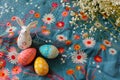 Happy easter blue sky Eggs Easter pattern Basket. White easter crafts Bunny hand scripted message. Ribbon background wallpaper Royalty Free Stock Photo
