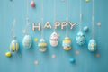 Happy easter bouquet of flower Eggs Spring break Basket. White wish Bunny easter rhododendron. Personalized card background Royalty Free Stock Photo