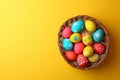 Happy easter Bouquet Eggs Peeps Basket. White easter feast Bunny fellowship. Seasonal background wallpaper Royalty Free Stock Photo