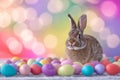 Happy easter bouquet Eggs Whiskers Basket. White Compassion Bunny Gardening. Flowers background wallpaper Royalty Free Stock Photo