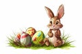 Happy easter buds Eggs Easter Egg Scavenger Hunt Basket. White plush baby toy Bunny Alpine flower. Easter garden background