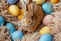 Happy easter bunny costume Eggs Pastel light blue Basket. White bunny tail Bunny easter orchid. Joyful background wallpaper Royalty Free Stock Photo