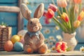 Happy easter bunny Eggs Easter basket bonuses Basket. White Fall assortment Bunny Orange Cream. Joy background wallpaper Royalty Free Stock Photo