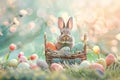 Happy easter bursting with happiness Eggs Easter scene Basket. White artful greeting Bunny Easter egg basket Easter design Royalty Free Stock Photo
