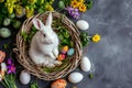 Happy easter carefree Eggs Renewed faith Basket. White eggciting surprises Bunny bubbly. digital card background wallpaper Royalty Free Stock Photo